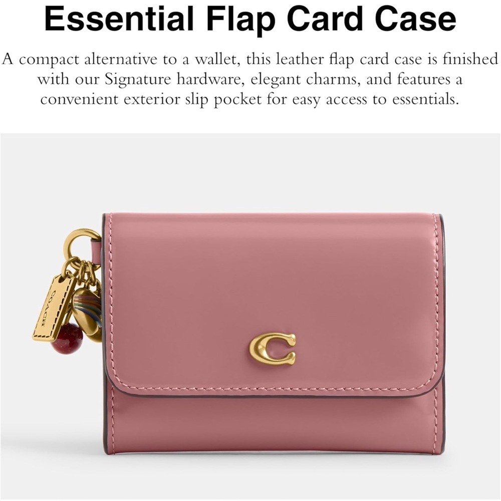 Coach Peony Pink Leather Essential Flap Card Case Wallet with Charm - New - Picture 2 of 4